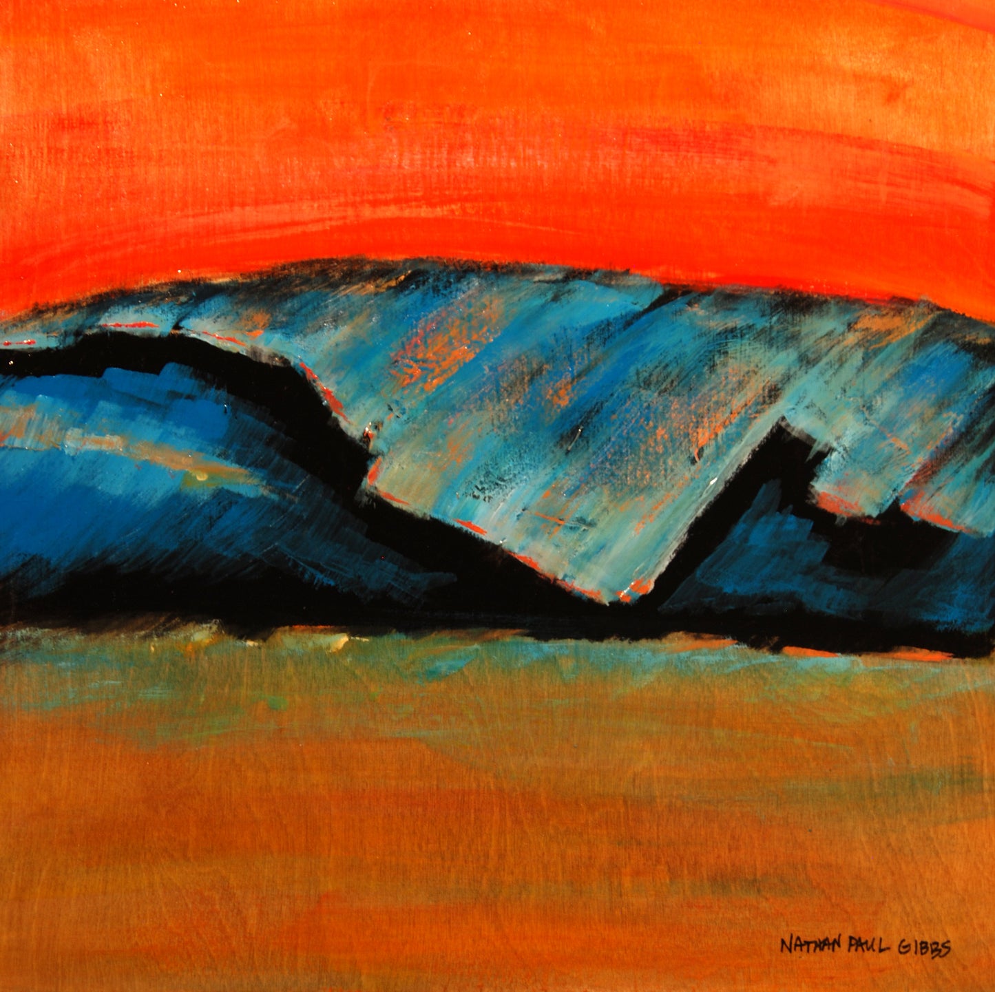 Abstract painting with orange, blue, and black colors