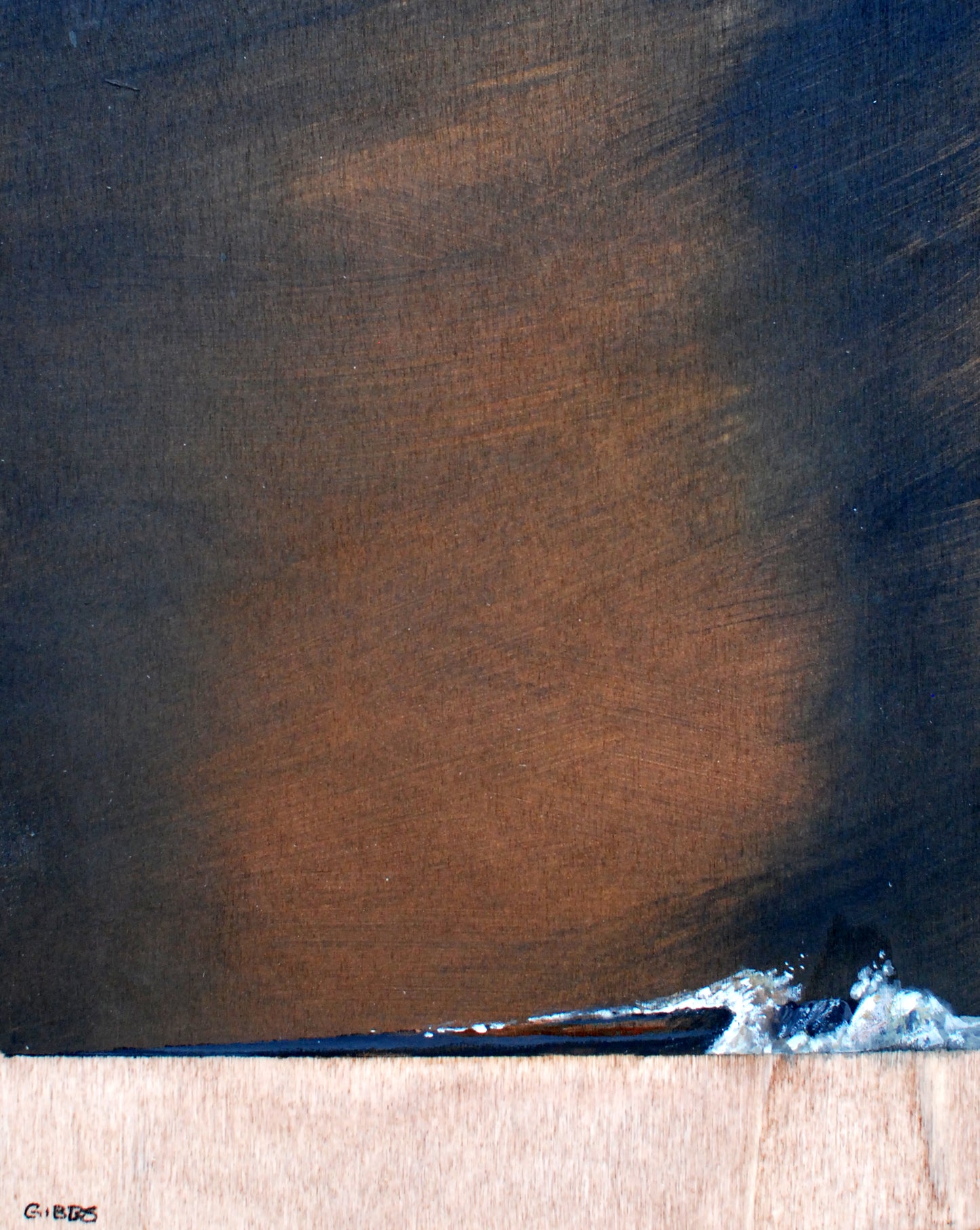 Abstract painting with brown and blue hues on a textured surface