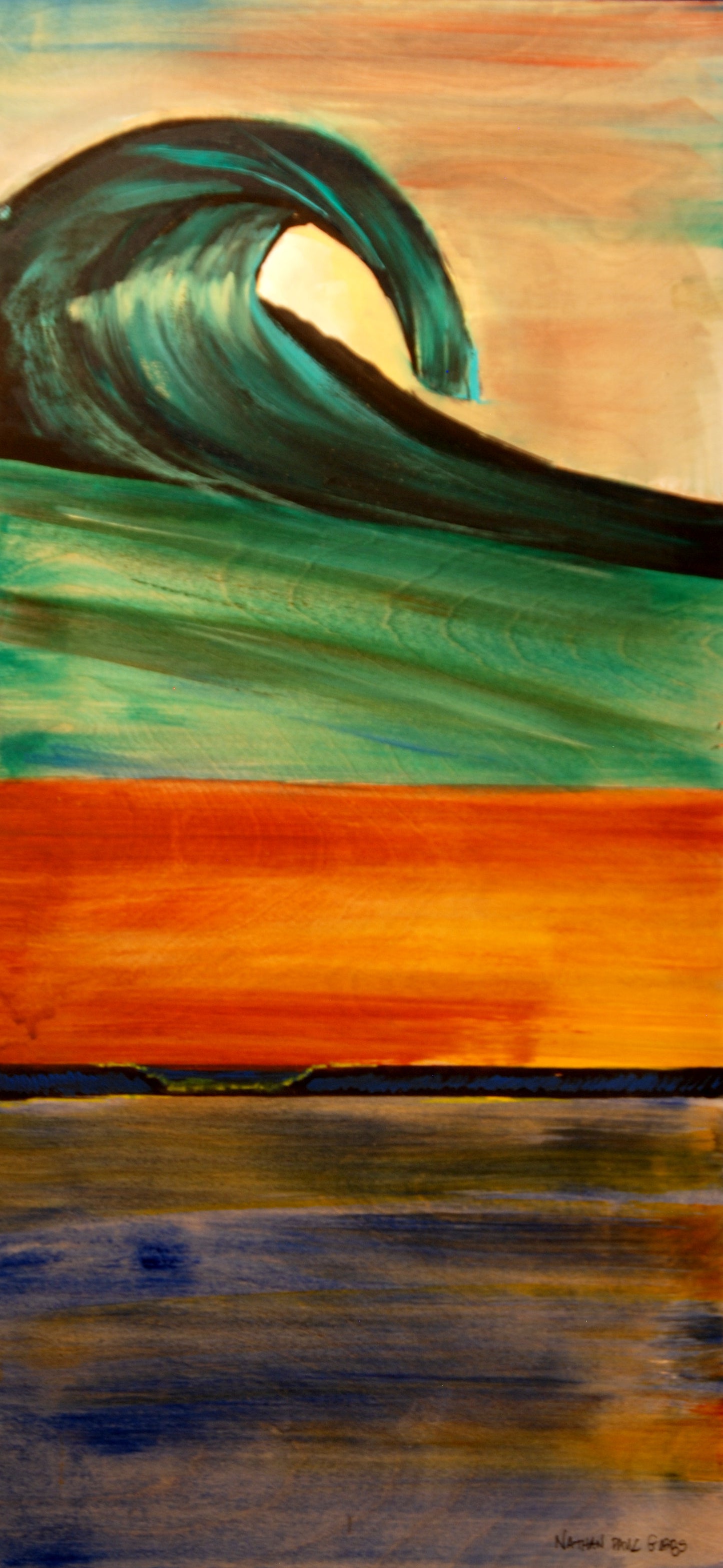 Artistic depiction of a wave with a sunset background