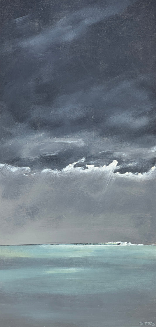 Artistic depiction of a stormy sky over water with dark clouds and light beams.