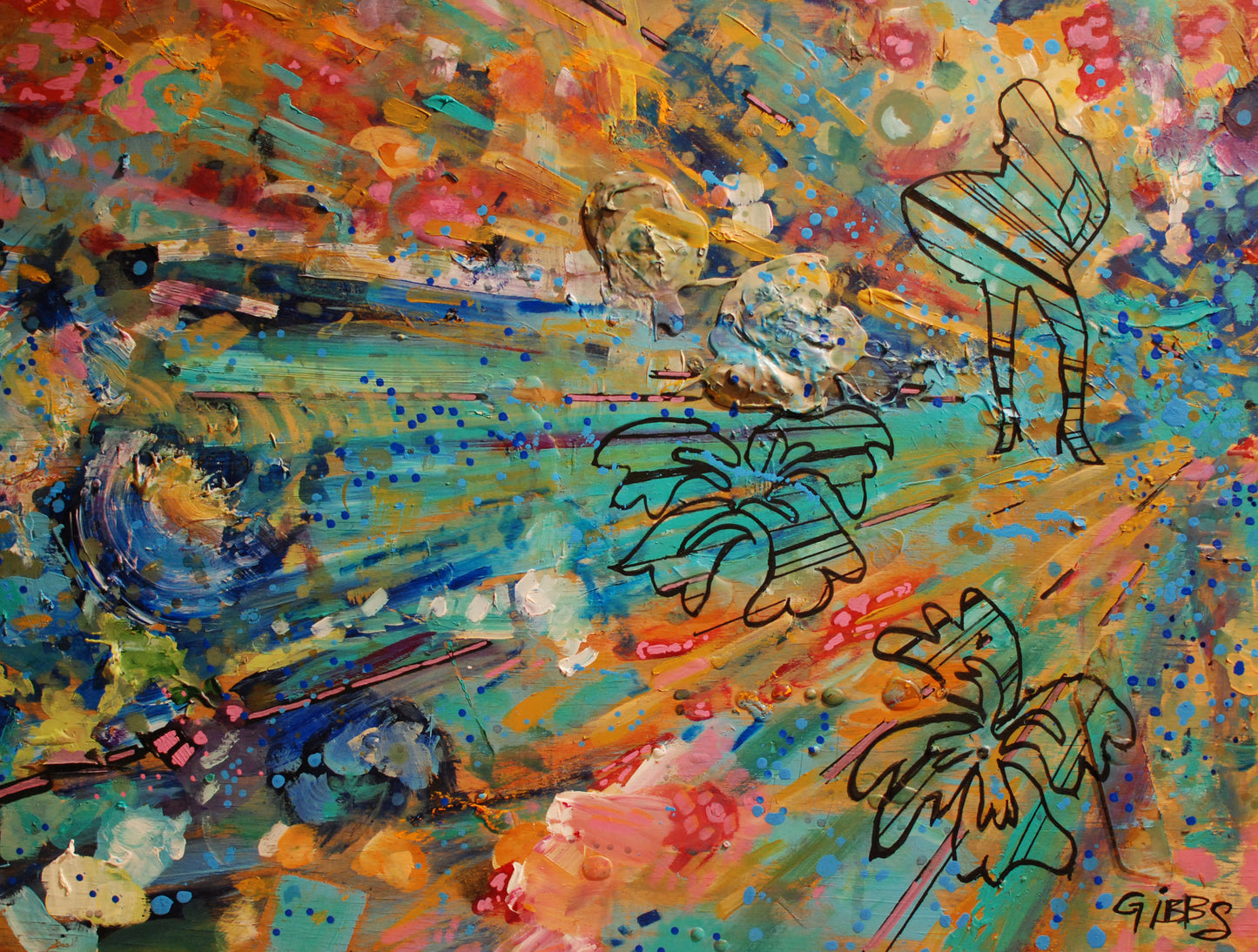 Colorful abstract painting with birds and flowers