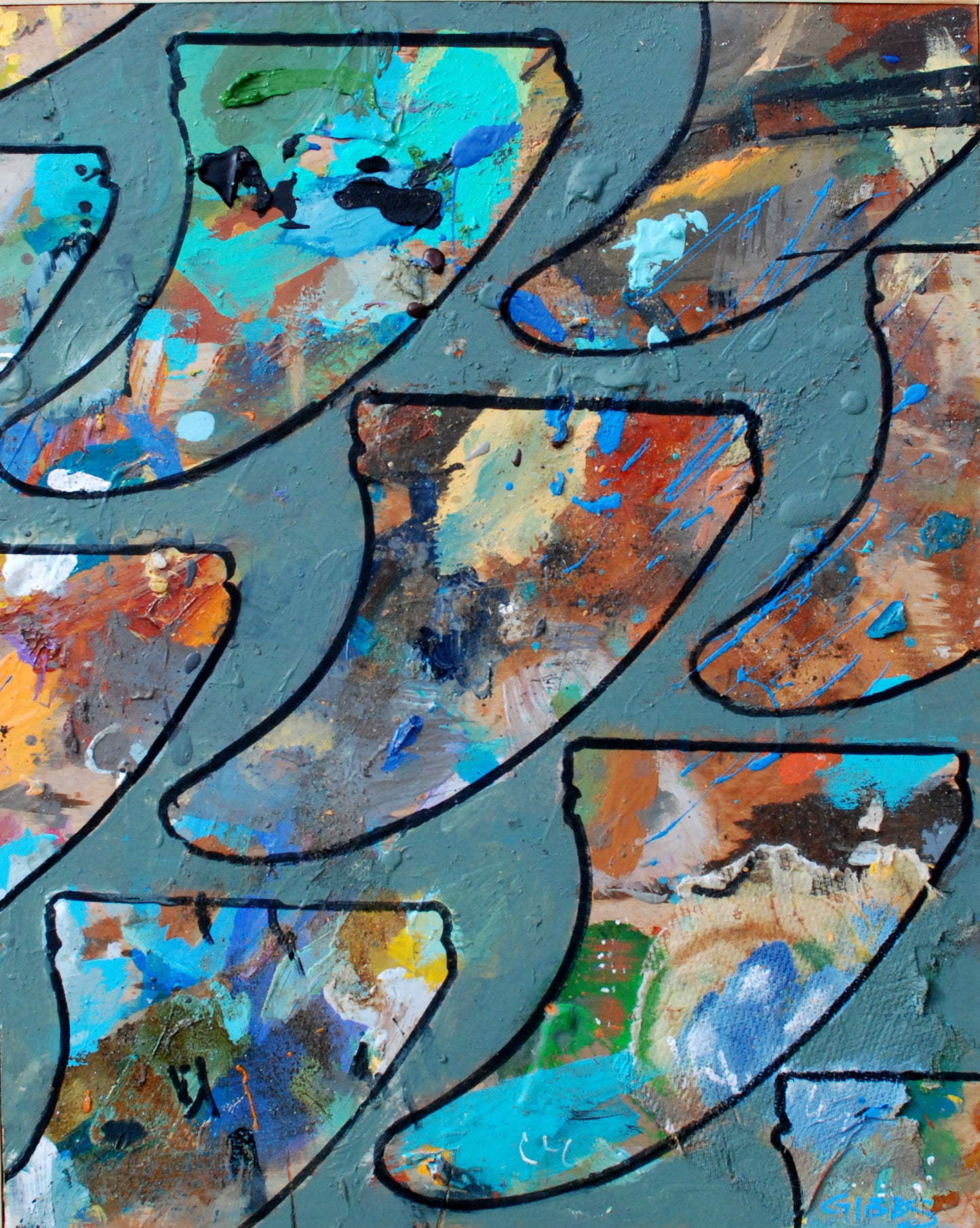 Abstract artwork with geometric shapes in blue, brown, and orange on a textured background