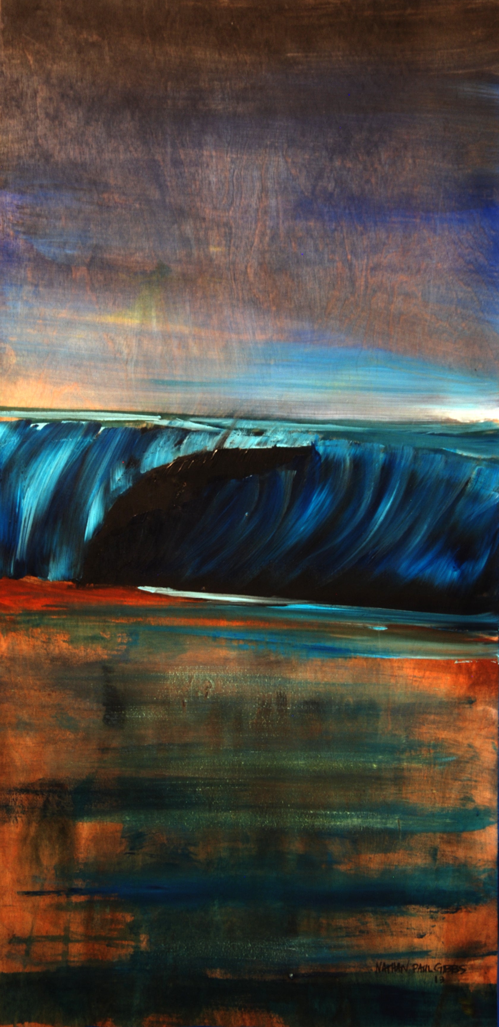 Abstract painting with wavy blue and orange patterns