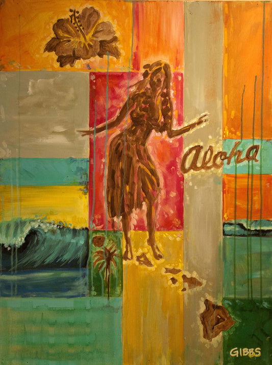 A colorful artwork featuring a stylized female figure with a lei and palm leaves against a vibrant background with ocean and beach elements.