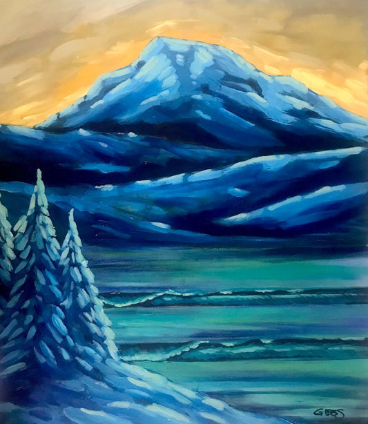 A painting of a mountain range at sunset with blue and orange hues, trees in the foreground, and the title 'Rainier Wonderland'.