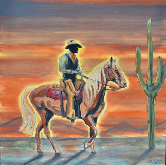 Painting of a cowboy on horseback with a cactus and sunset in the background