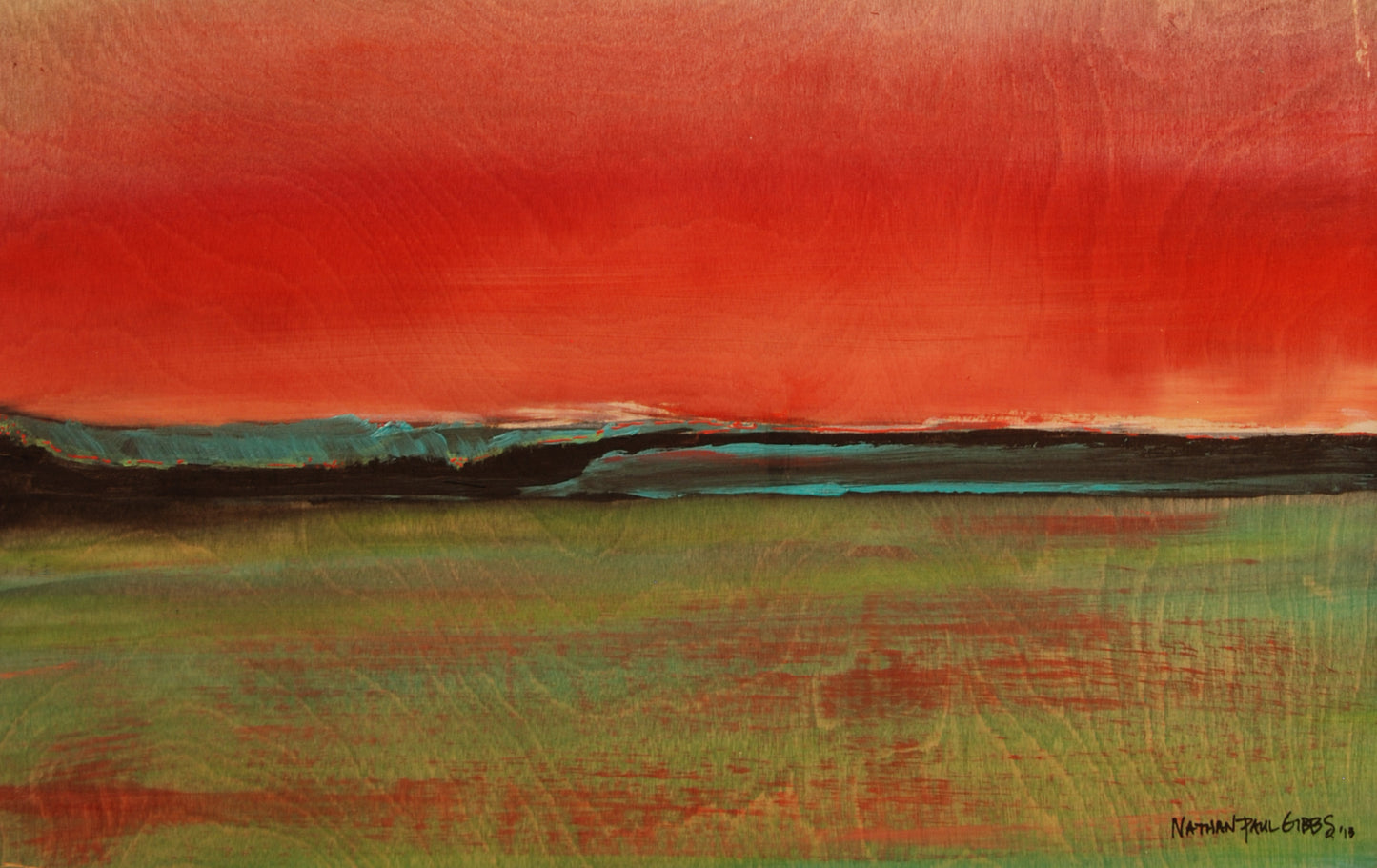 wave with green water and red sky