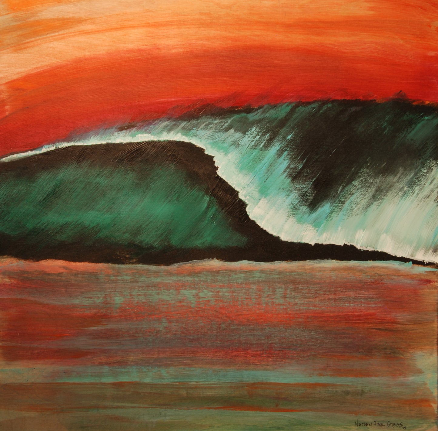 Abstract painting of a wave with red and orange sky