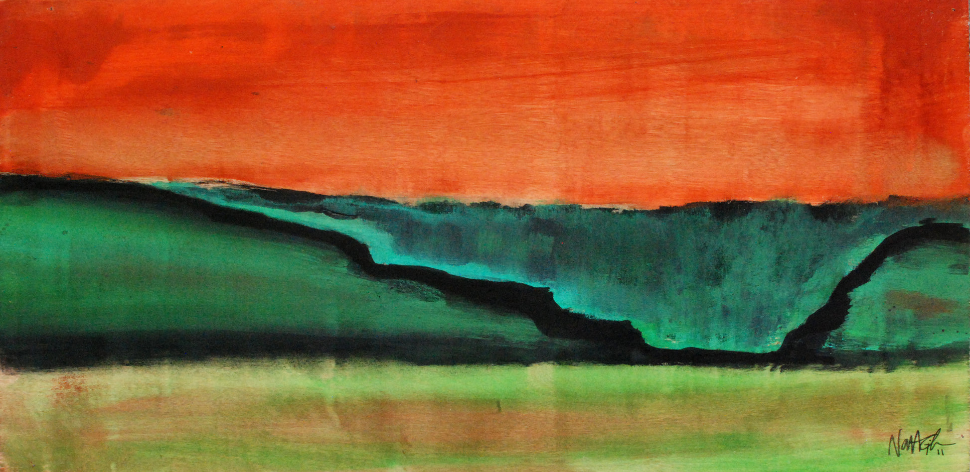 orange sky and green wave