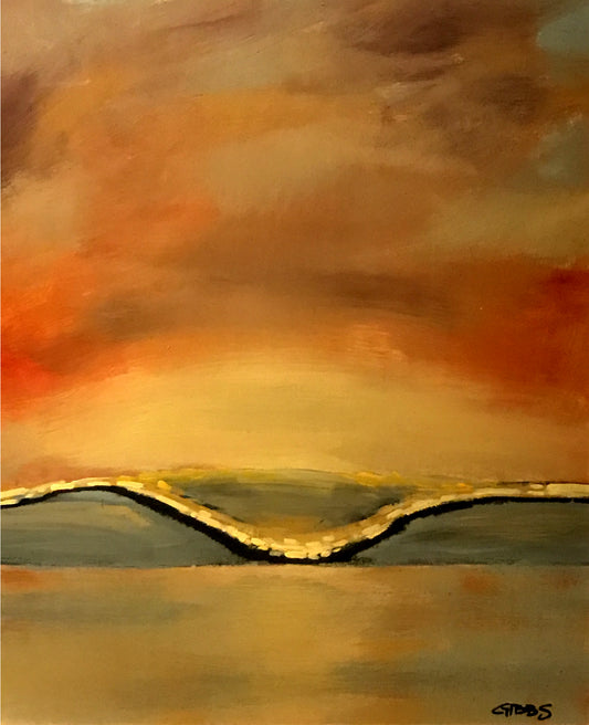 Abstract painting of a landscape with warm colors and a winding path.