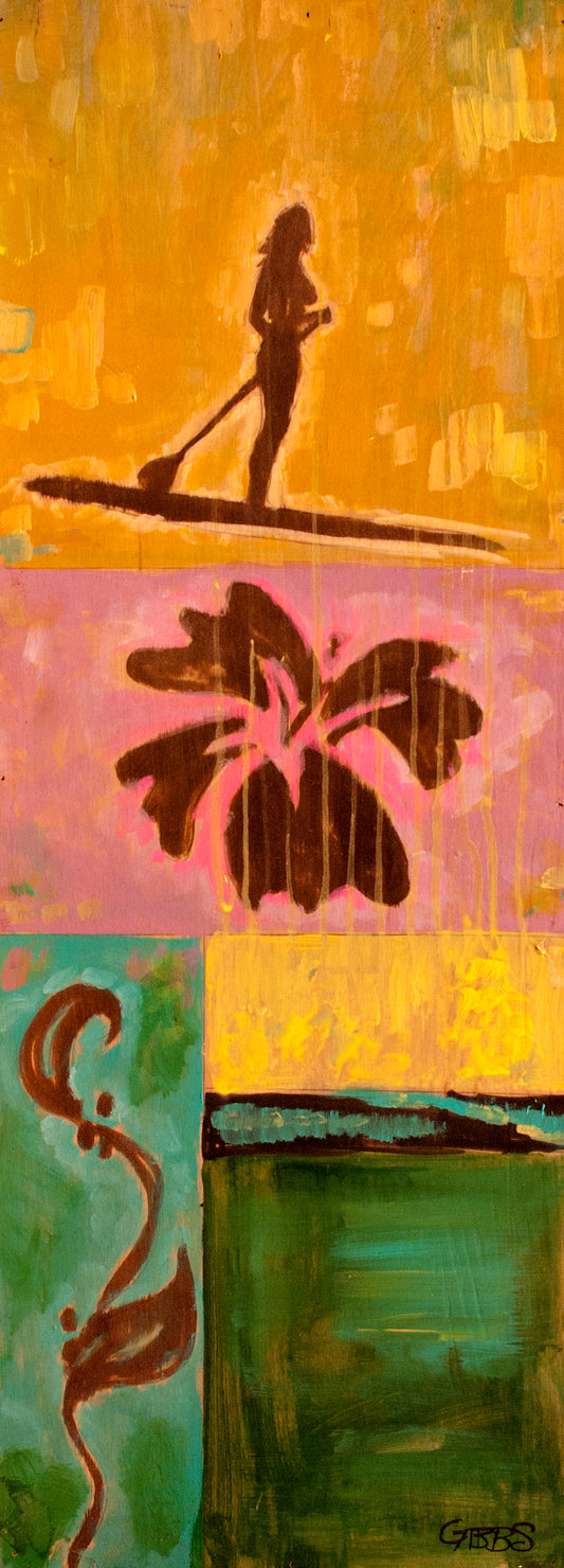 Abstract artwork with a silhouette of a person and a butterfly on a colorful background