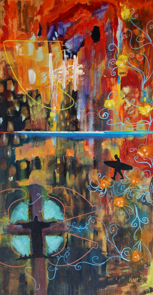 Abstract artwork with vibrant colors and dynamic shapes