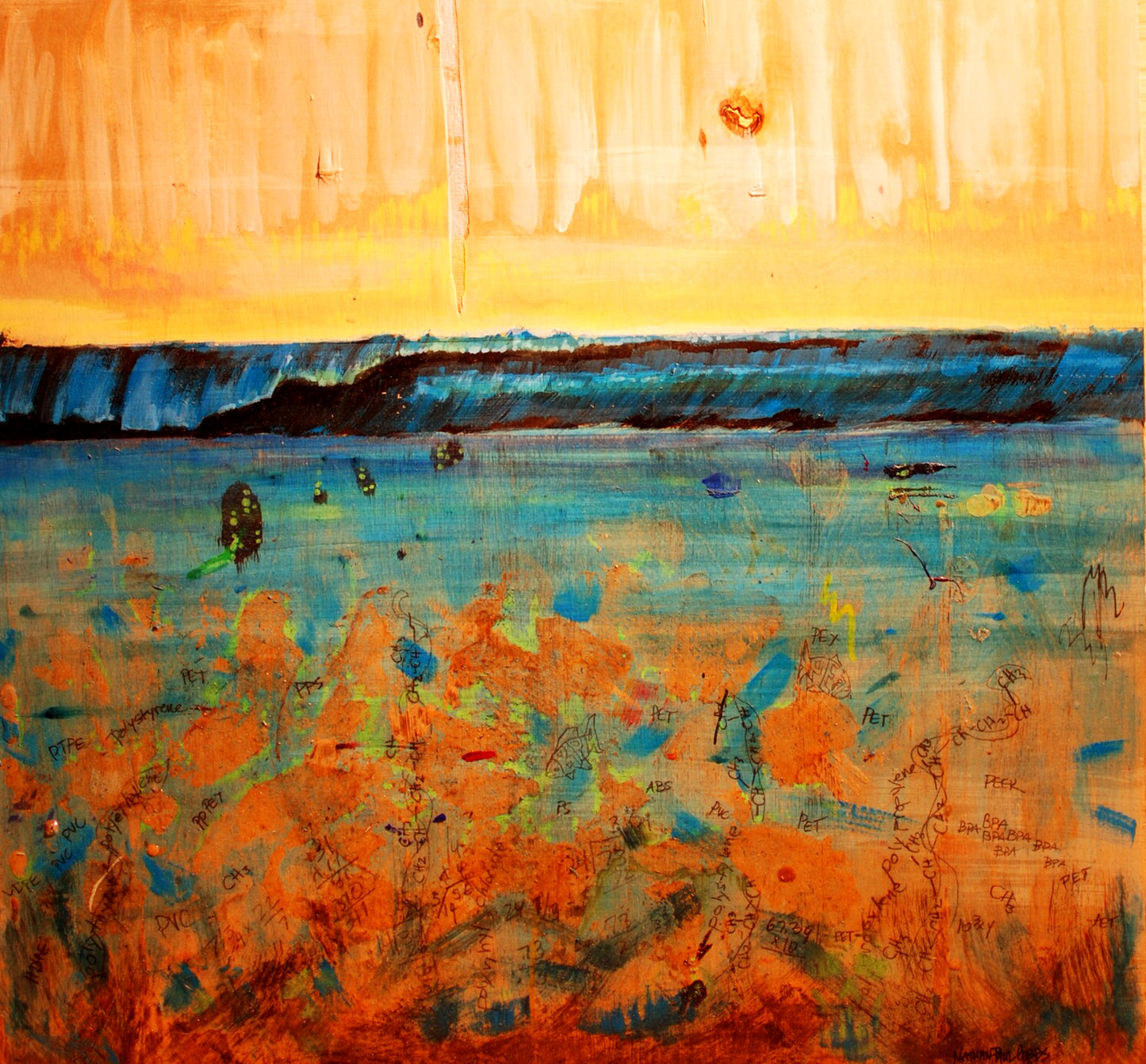 Abstract artwork with orange, blue, and yellow colors
