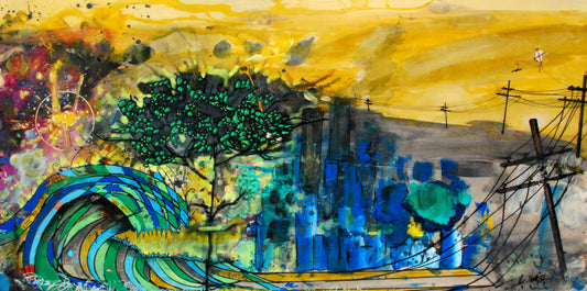 Colorful abstract painting with trees, power lines, and a yellow sky.