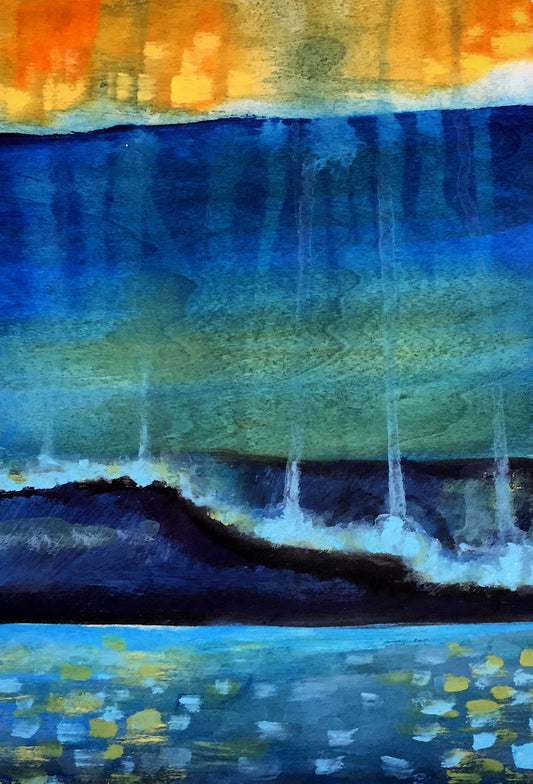 Abstract artwork with blue, orange, and green colors