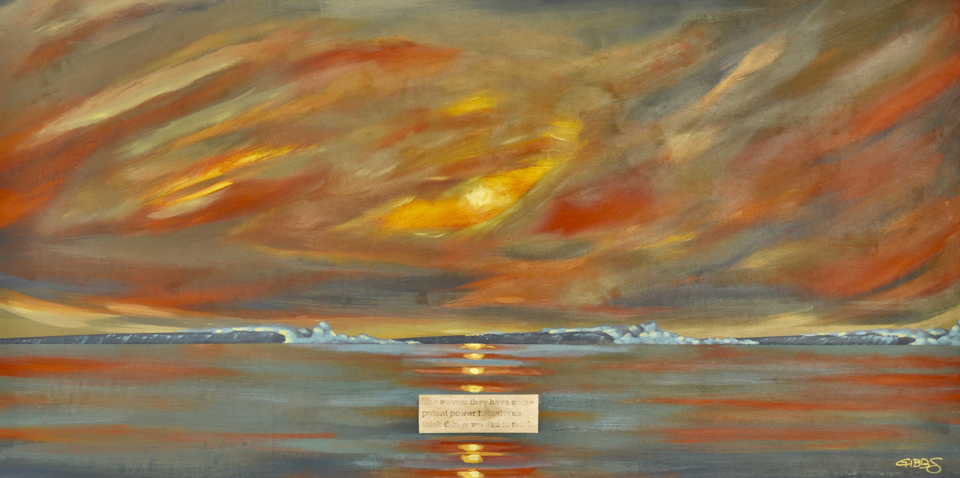 Painting of a sunset over water with warm colors