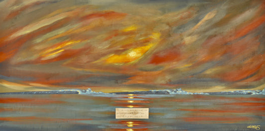 Painting of a sunset over water with warm colors