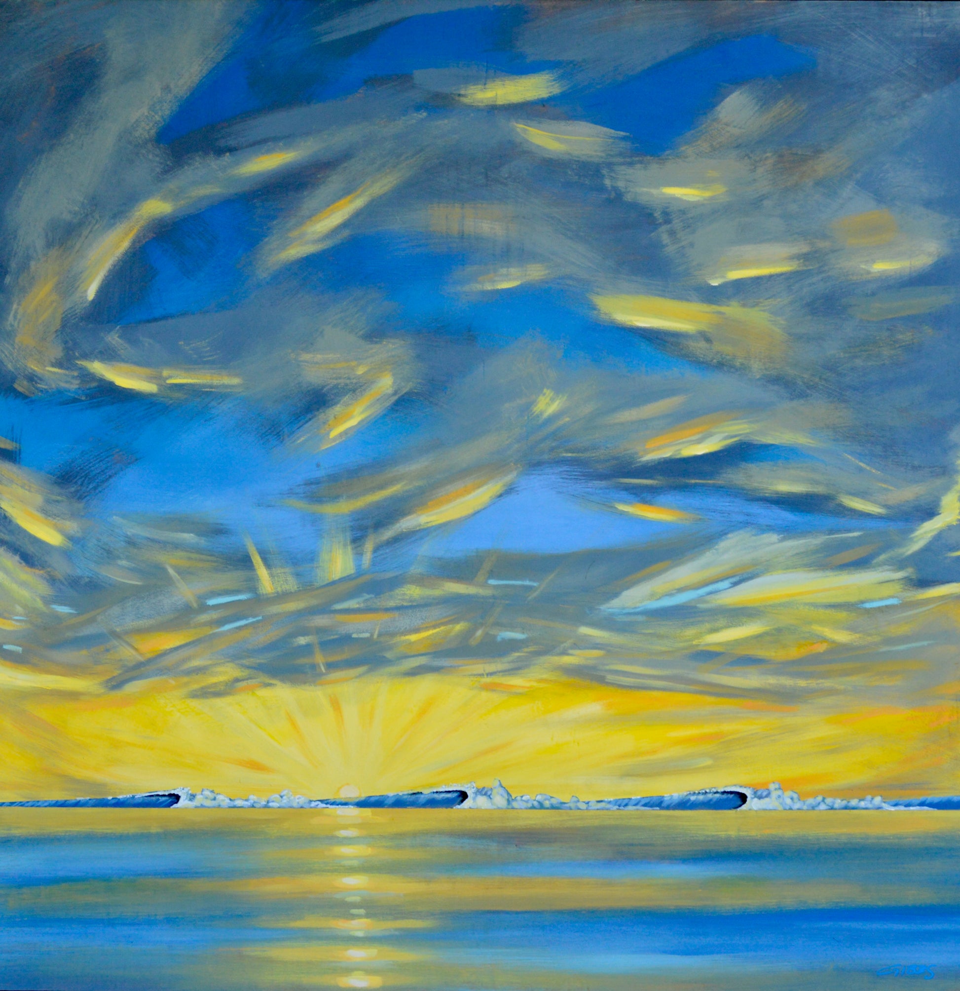 Abstract painting with blue and yellow colors